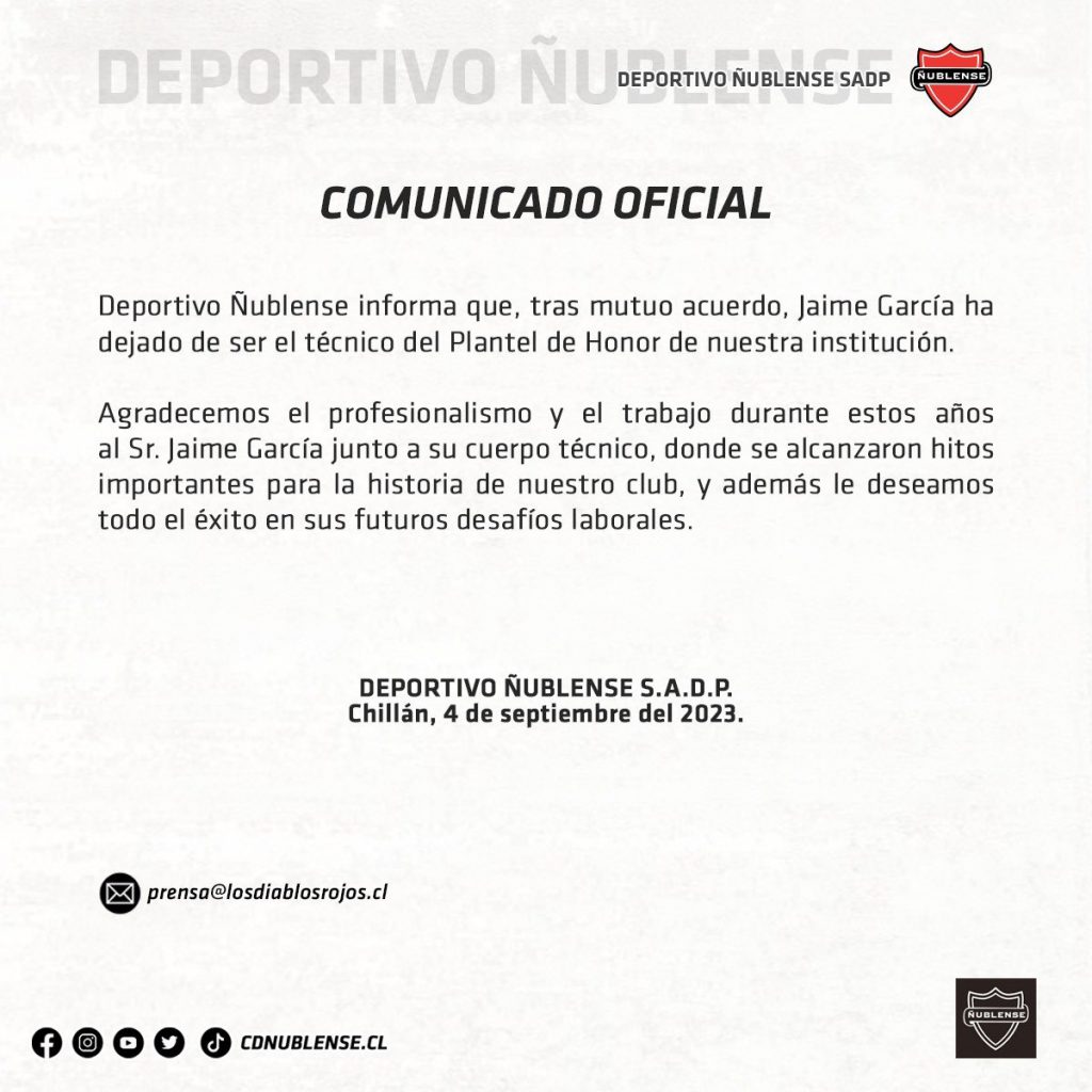 Comunicado Ñublense por salida de Jaime García Novibet